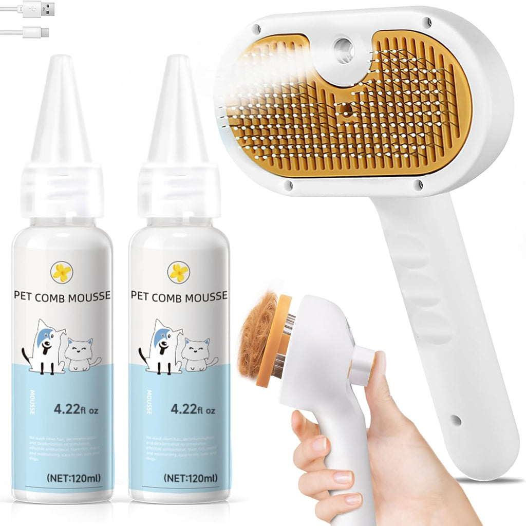 VVWVVW pet steam brush front view showing the ergonomic green handle and integrated cool mist spray button