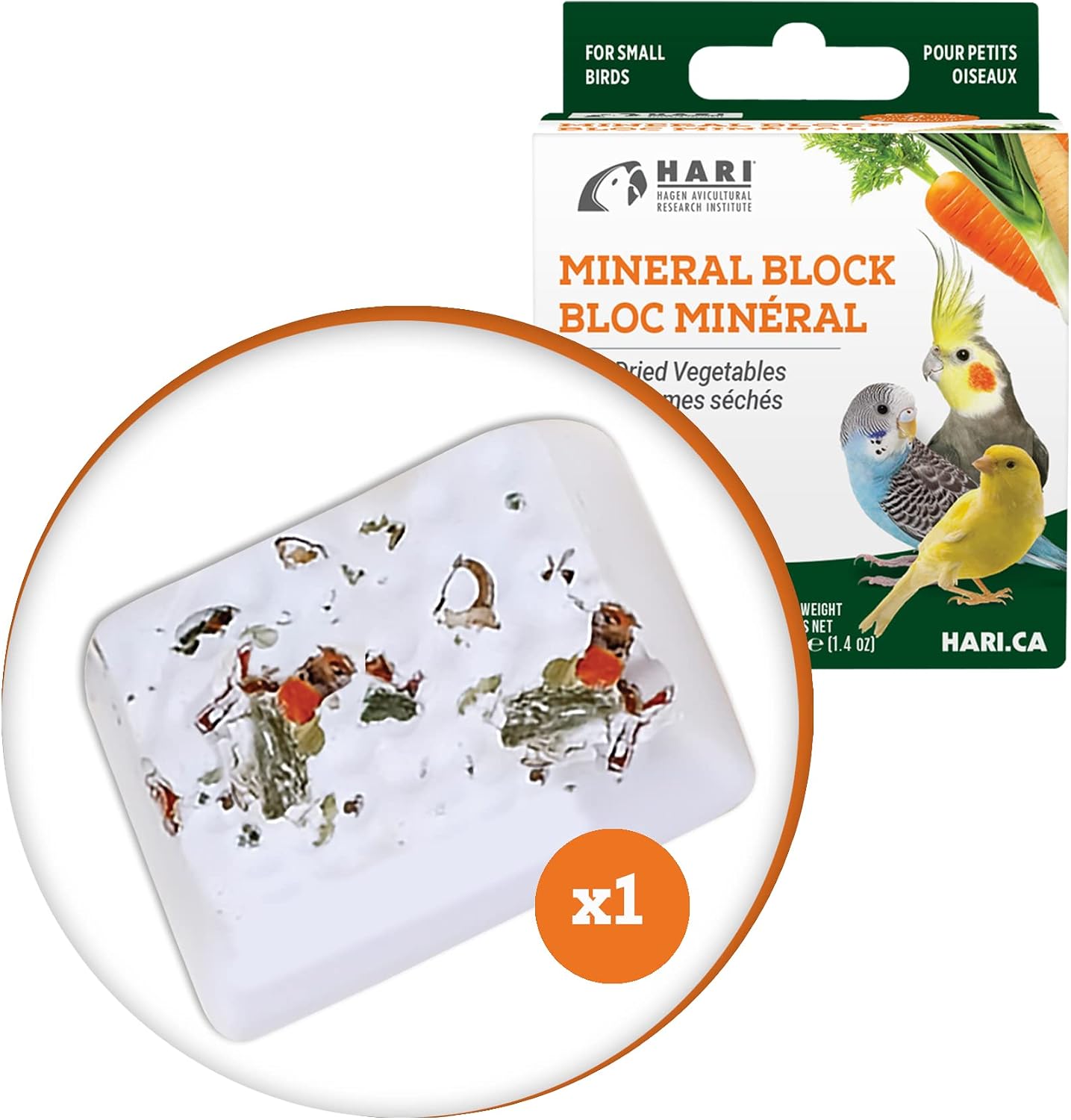 Close up view of the textured surface of the Hari bird mineral block with dried carrots