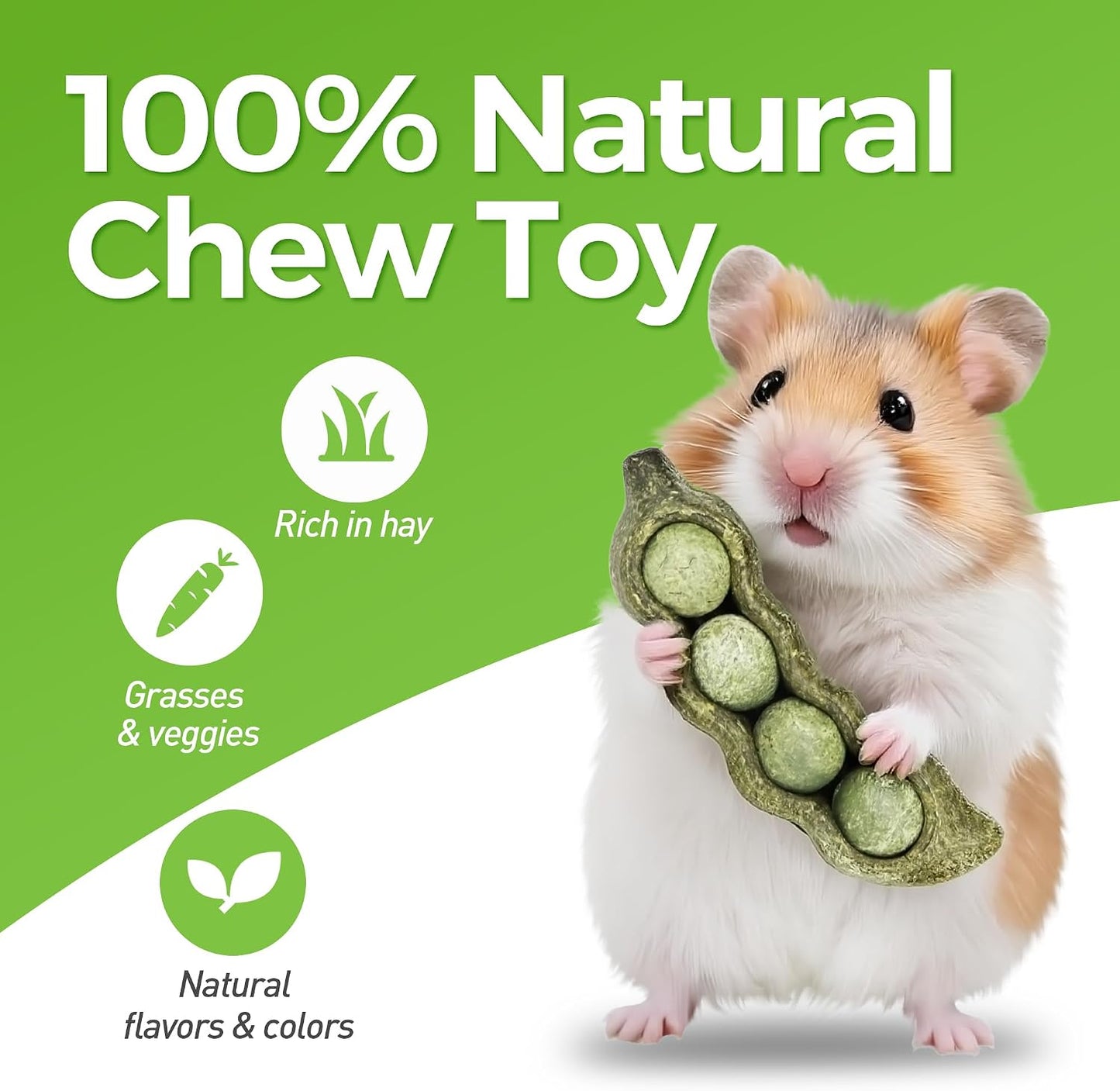 Teewy guinea pig toys peapod shape details showing the twirlable natural grass pellets.