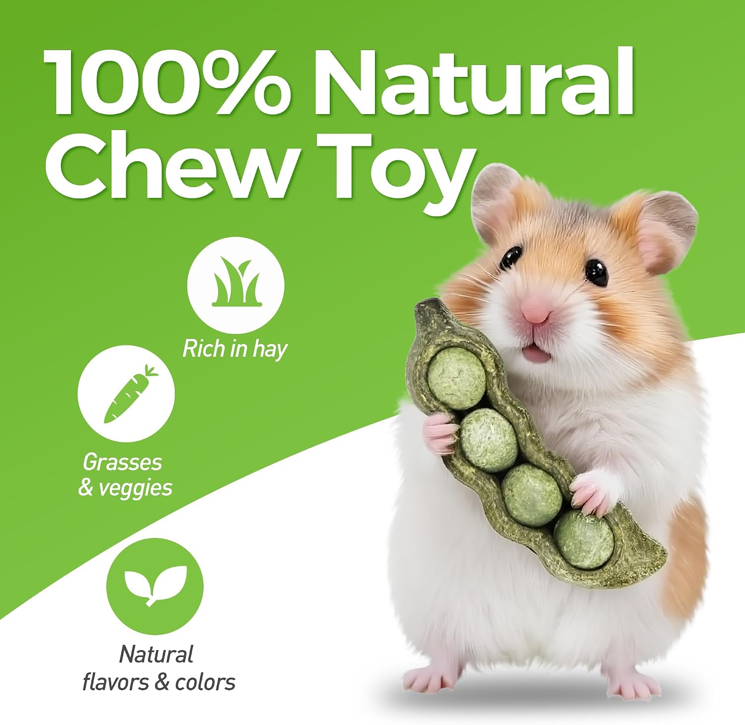 Teewy guinea pig toys peapod shape details showing the twirlable natural grass pellets.