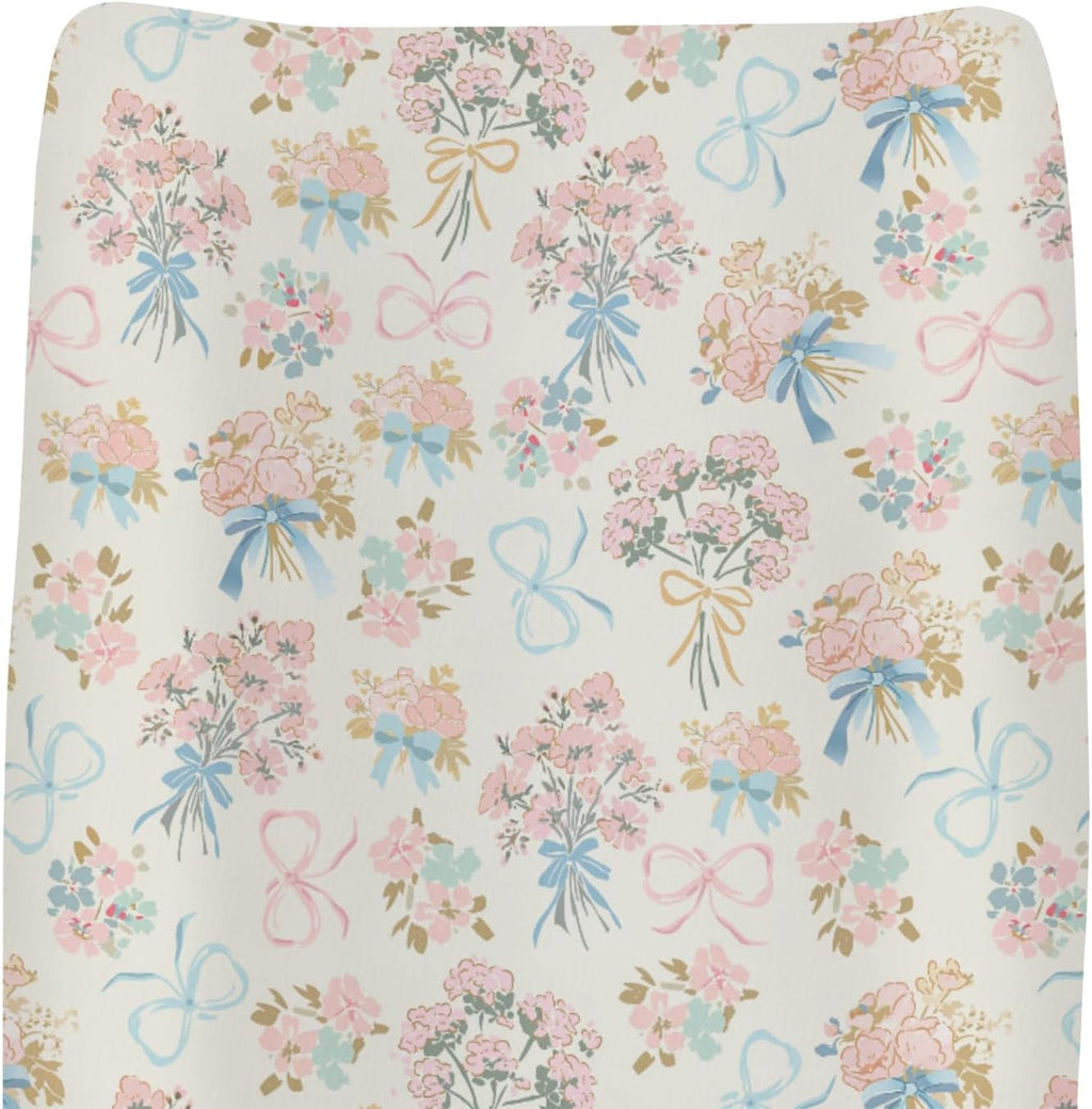 ZoUbqchY pastel floral bows baby changing pad cover front view