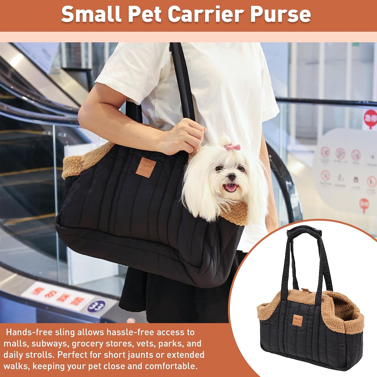 ETIAL Small Dog Carrier Purse, Winter Fleece Warm Dog Tote Bag Carrier with Secure Harness Clip for Puppy Kitten, Waterproof Pet Travel Handbag for Shopping, Hiking and Walking (Black) - Image 6