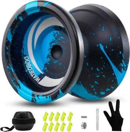 Watieoboo R8 upgraded metal yoyo in black and blue colorway.