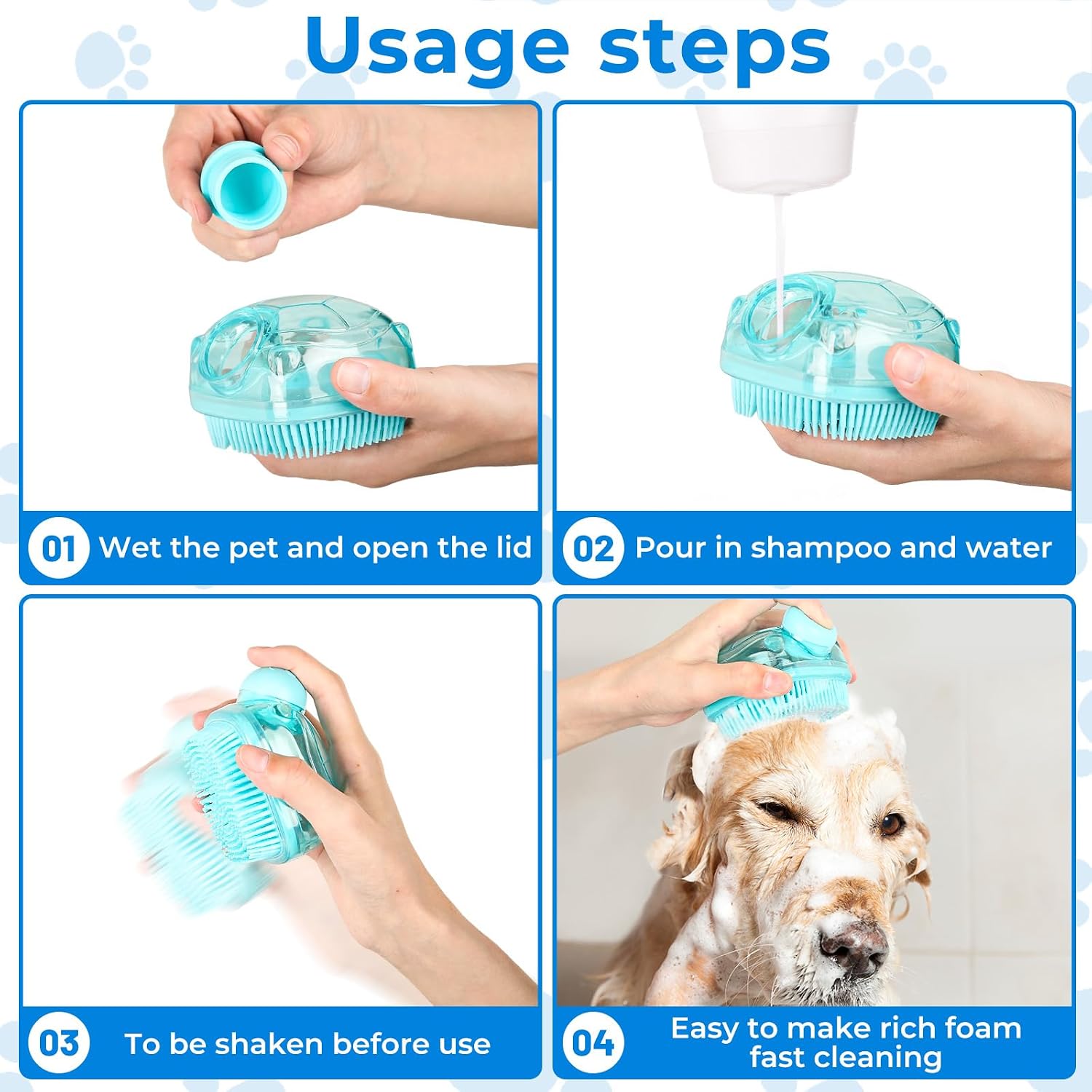 Turtle-shaped pet shampoo dispensing brush with adjustable ring handle for dogs.