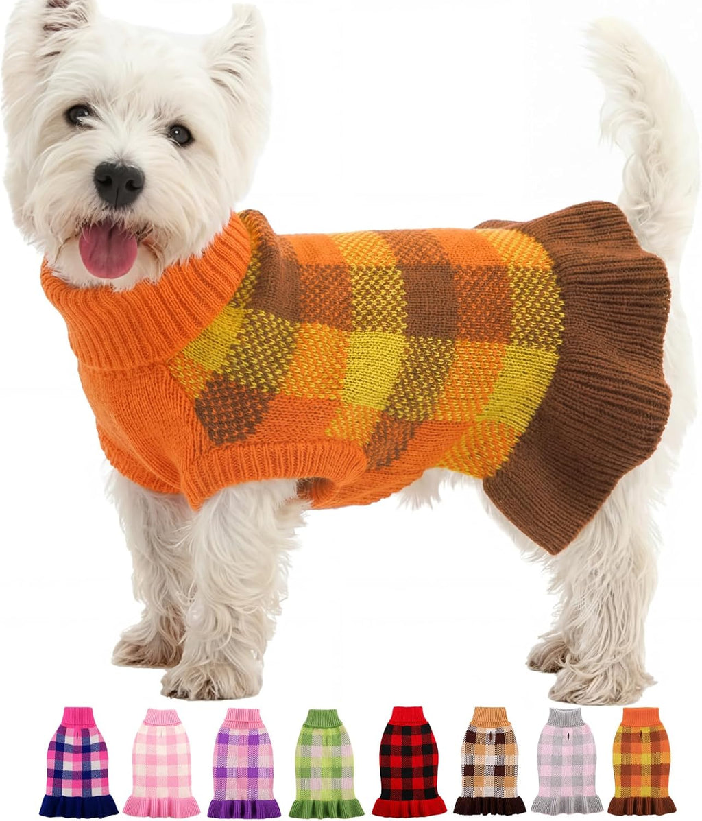 Dog Sweater Dress Plaid Knitwear for Small Medium Dogs Warm Puppy Pet Turtleneck Stretch Pullover Cute Fall Winter Vest Clothes with Leash Hole for Christmas (Pink, XS) - Image 10