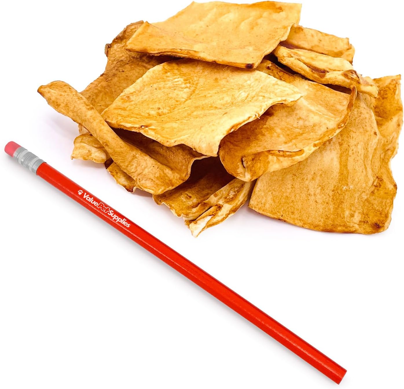 ValueBull chicken infused dog rawhide chips spread out on a flat surface