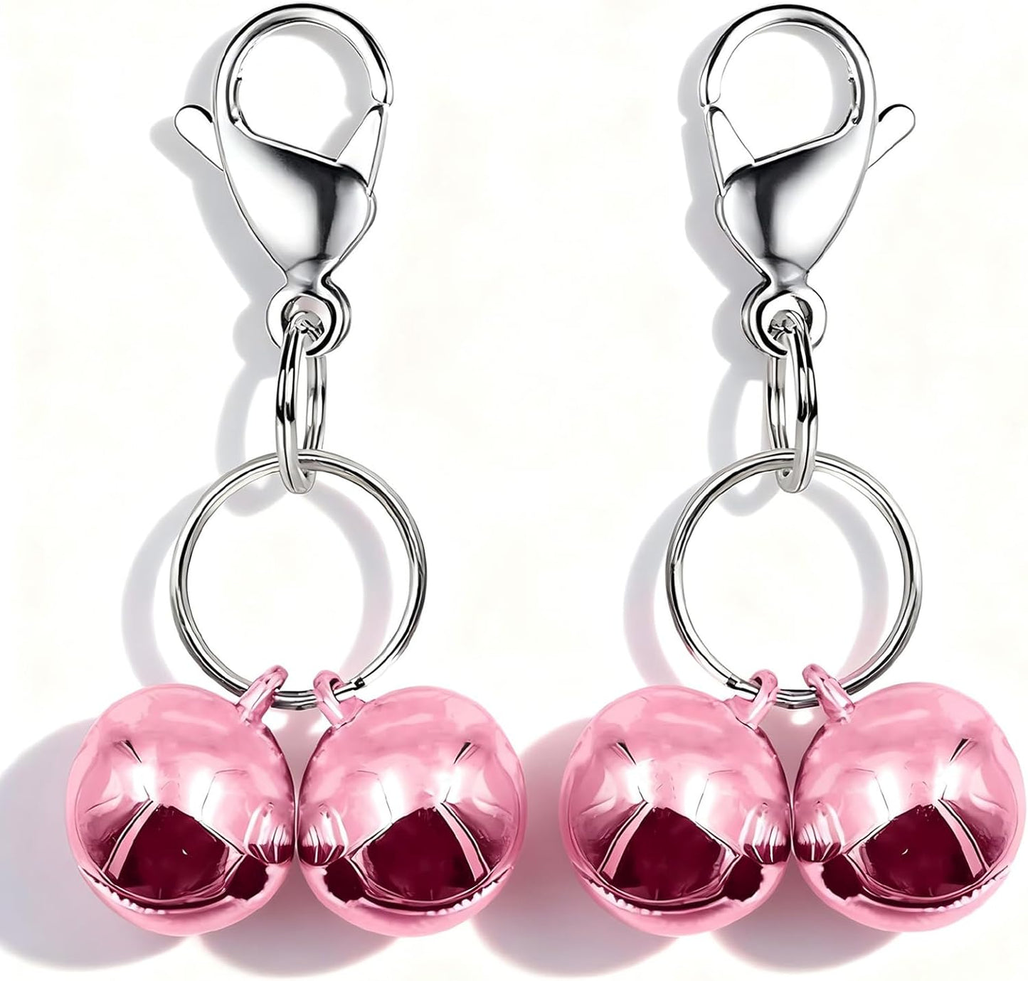 IVIA PET cat bell dog collar charm pack showing front view of pink metallic bells and stainless steel clips