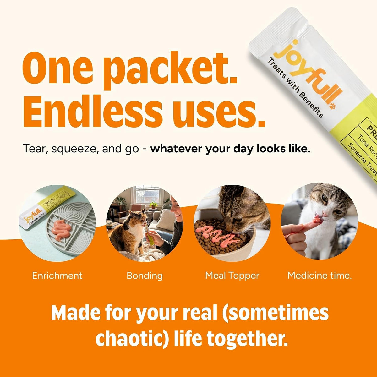 Back of Joyfull cat treat package showing prebiotic ingredients and nutrition info