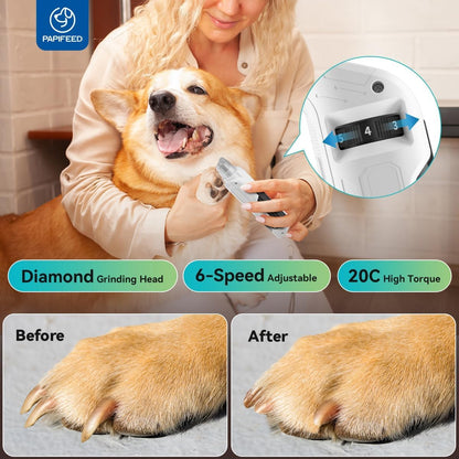 Papifeed pet nail trimmer showing 6-speed control panel