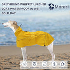 Morezi Whippet rain gear showcasing the adjustable belly bands and drawstring collar.
