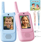 Happy Homes smart video walkie talkies for kids front view showing blue and pink handheld units with color screen displays