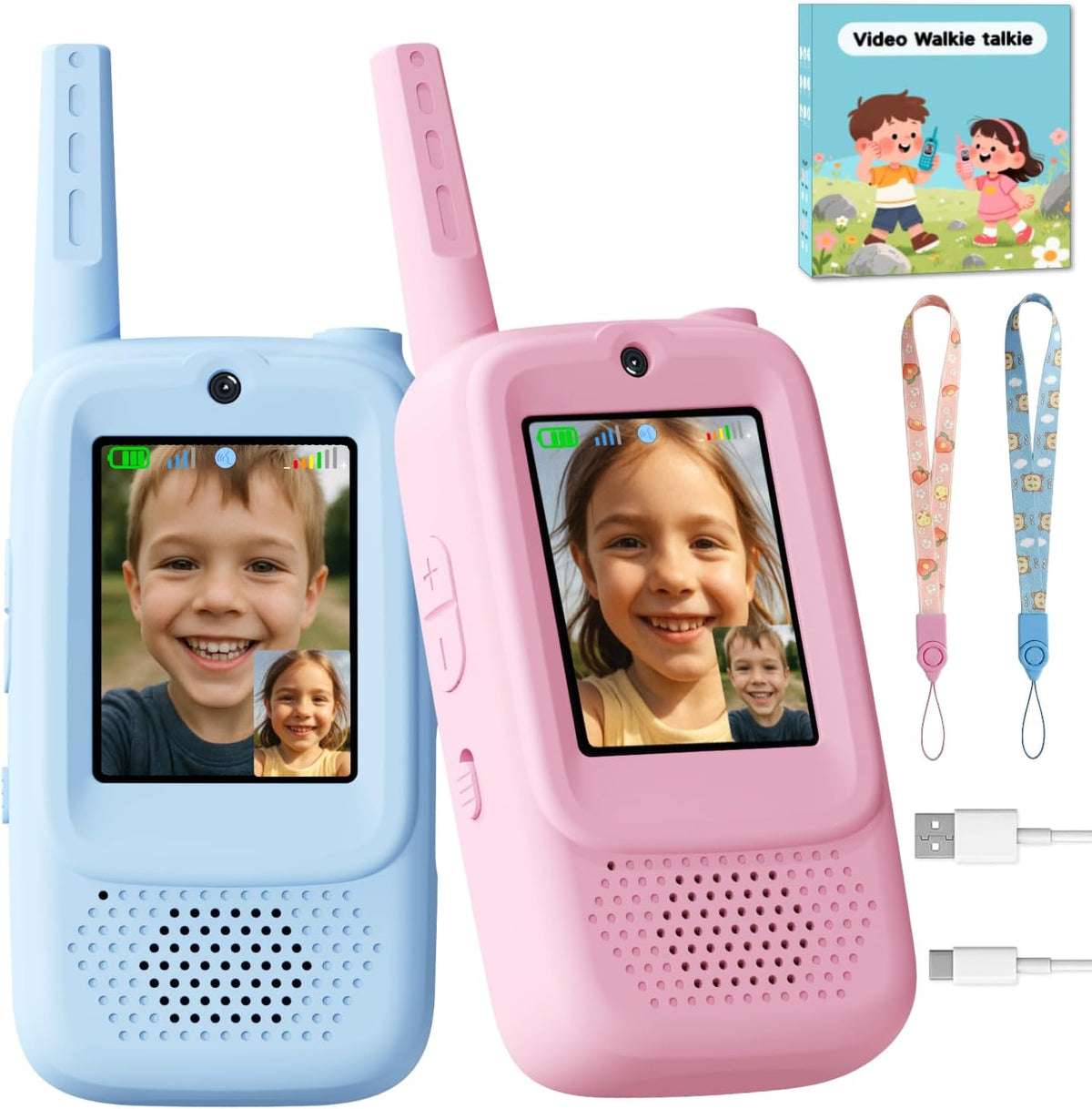 Happy Homes smart video walkie talkies for kids front view showing blue and pink handheld units with color screen displays