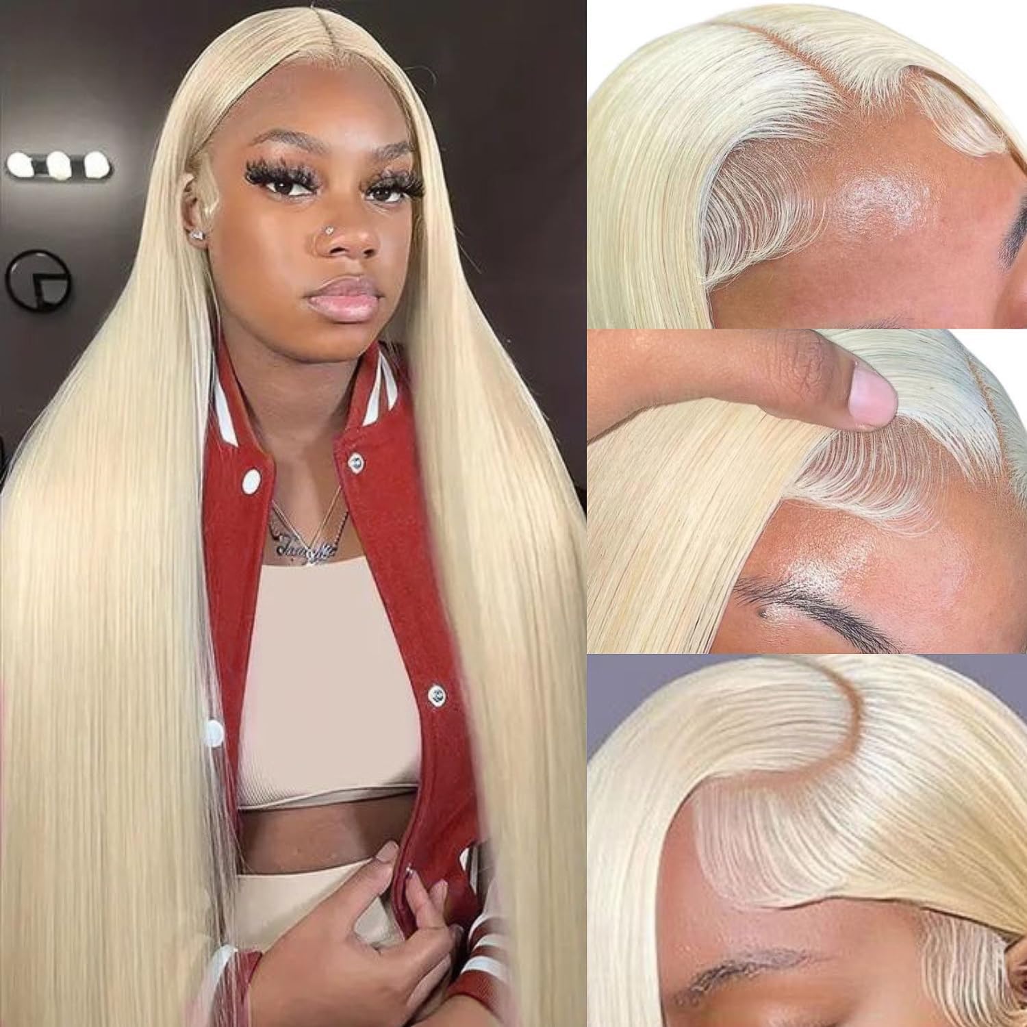 GZX 26 Inch 613 Blonde Straight Lace Front Wig front view highlighting the pre-plucked natural hairline and sleek blonde human hair strands.