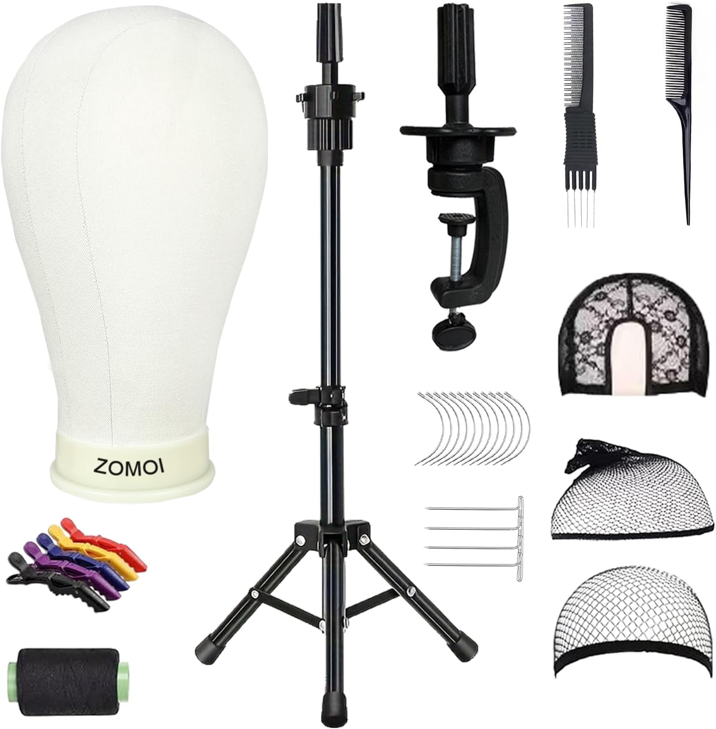 Zomoi 22 inch canvas wig head on black metal tripod stand front view