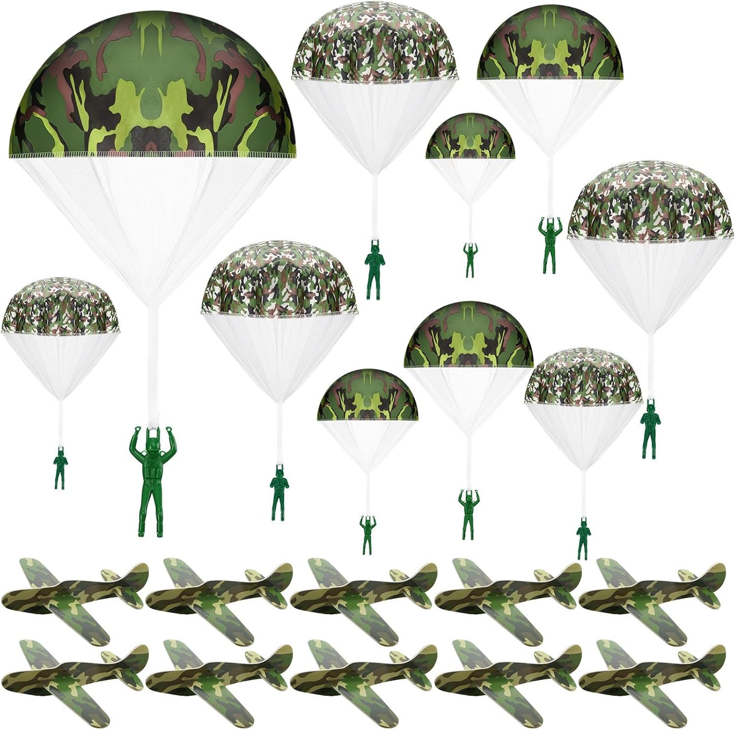 Jerify 20 Pieces Camouflage Parachute Toys and Foam Airplanes Set front view showing the full assortment of green camouflage gliders and toy paratroopers.