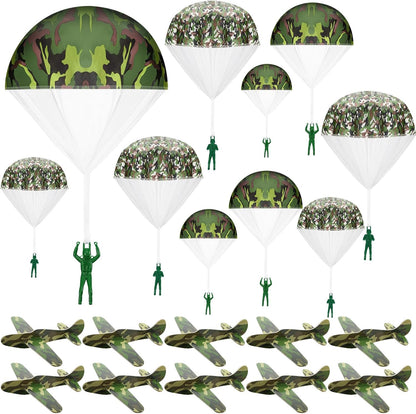 Jerify 20 Pieces Camouflage Parachute Toys and Foam Airplanes Set front view showing the full assortment of green camouflage gliders and toy paratroopers.