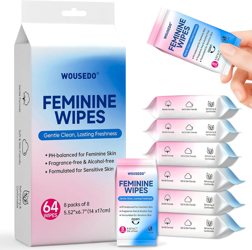 WOUSEDO Feminine Hygiene Wipes front view of the 8 pack bundle.