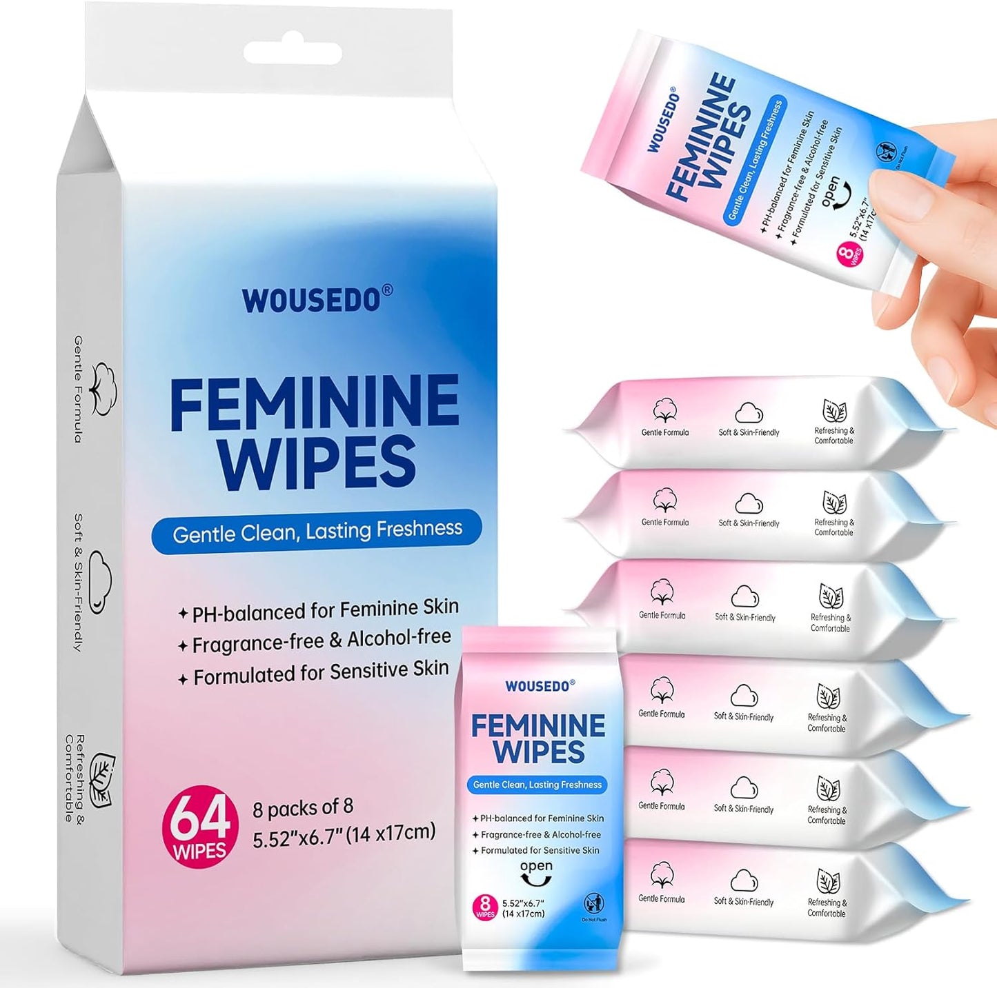 WOUSEDO Feminine Hygiene Wipes front view of the 8 pack bundle.