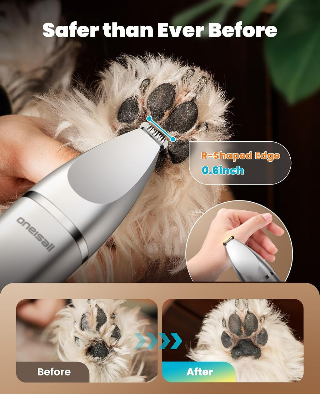 Close up of the Oneisall IPX7 waterproof pet trimmer being rinsed clean under running tap water