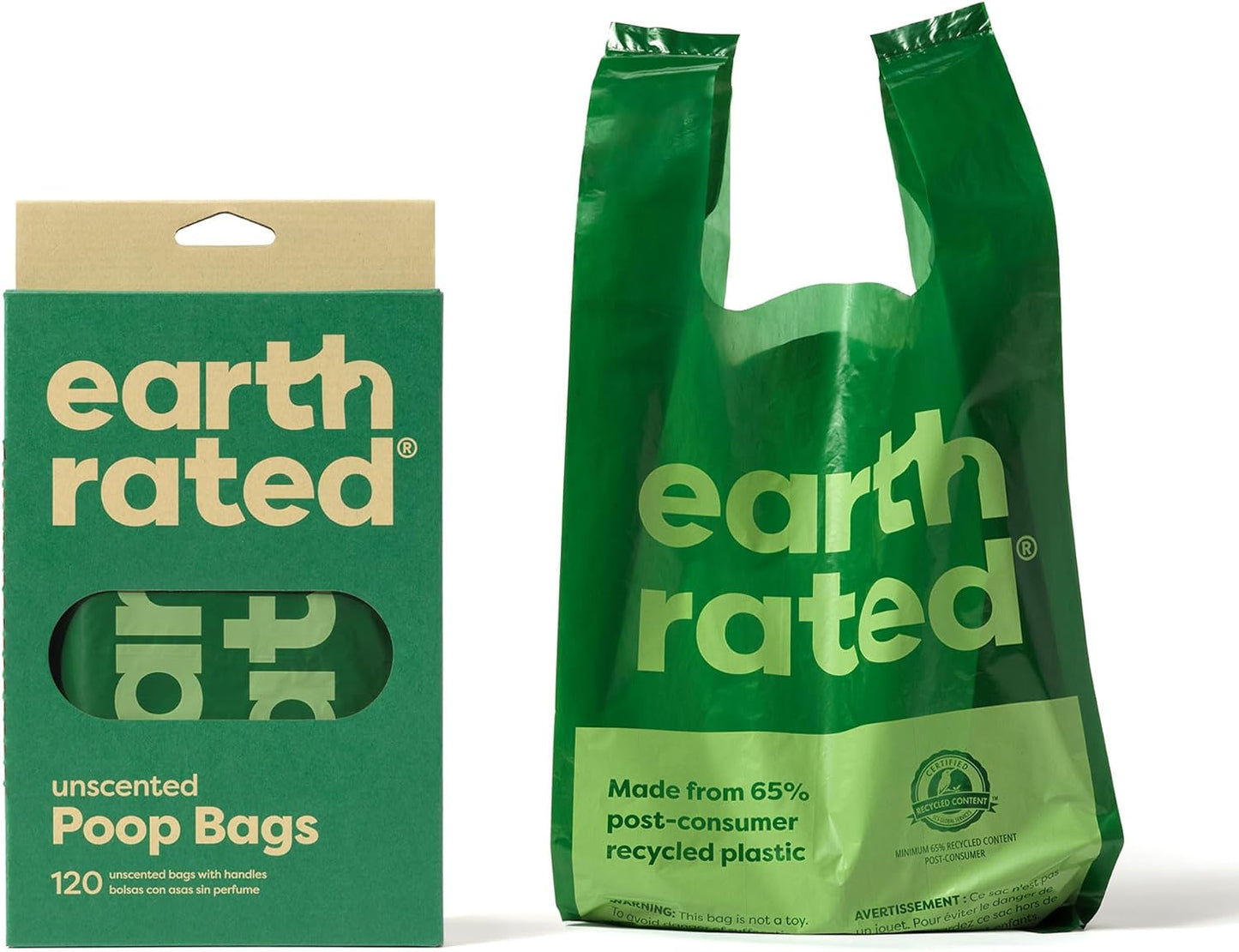 Earth Rated easy tie handle bags box detailing the sixty five percent recycled material construction.