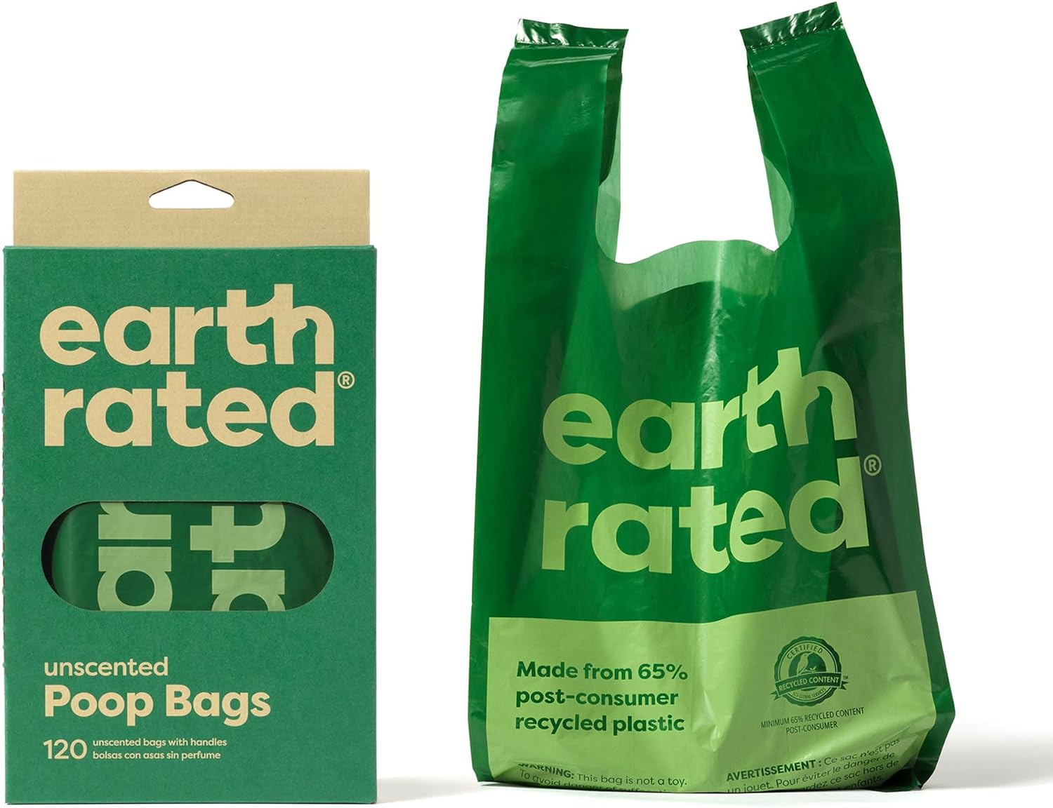 Earth Rated easy tie handle bags box detailing the sixty five percent recycled material construction.
