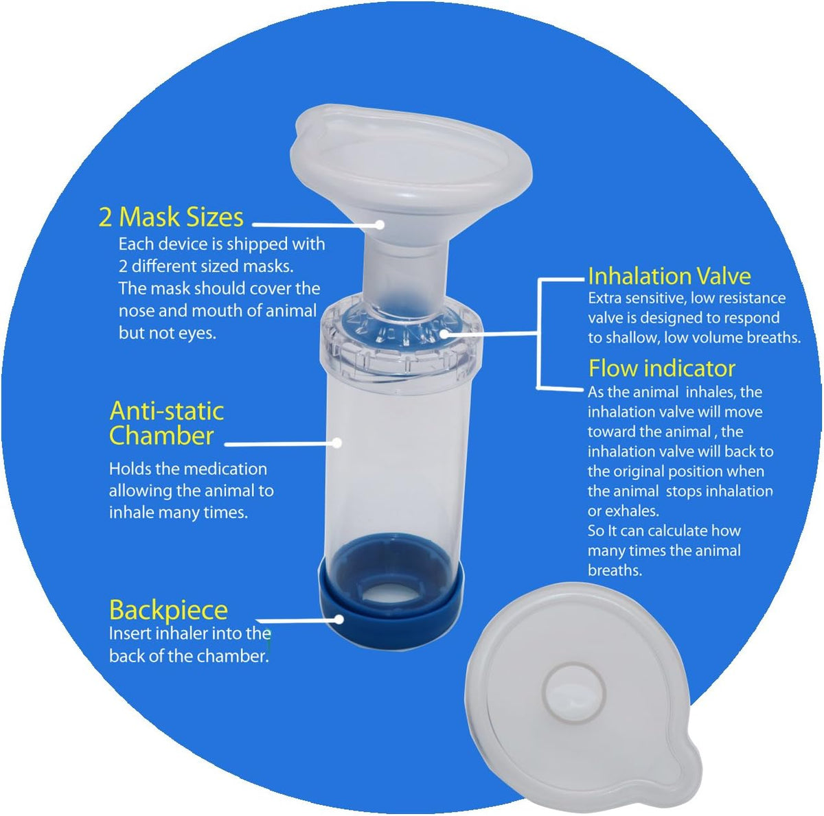 Free-Space pet inhaler chamber shown alongside its instructional manual.