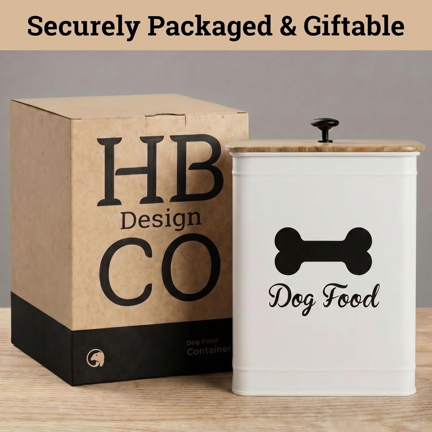 Small to medium breed dog food container on kitchen counter