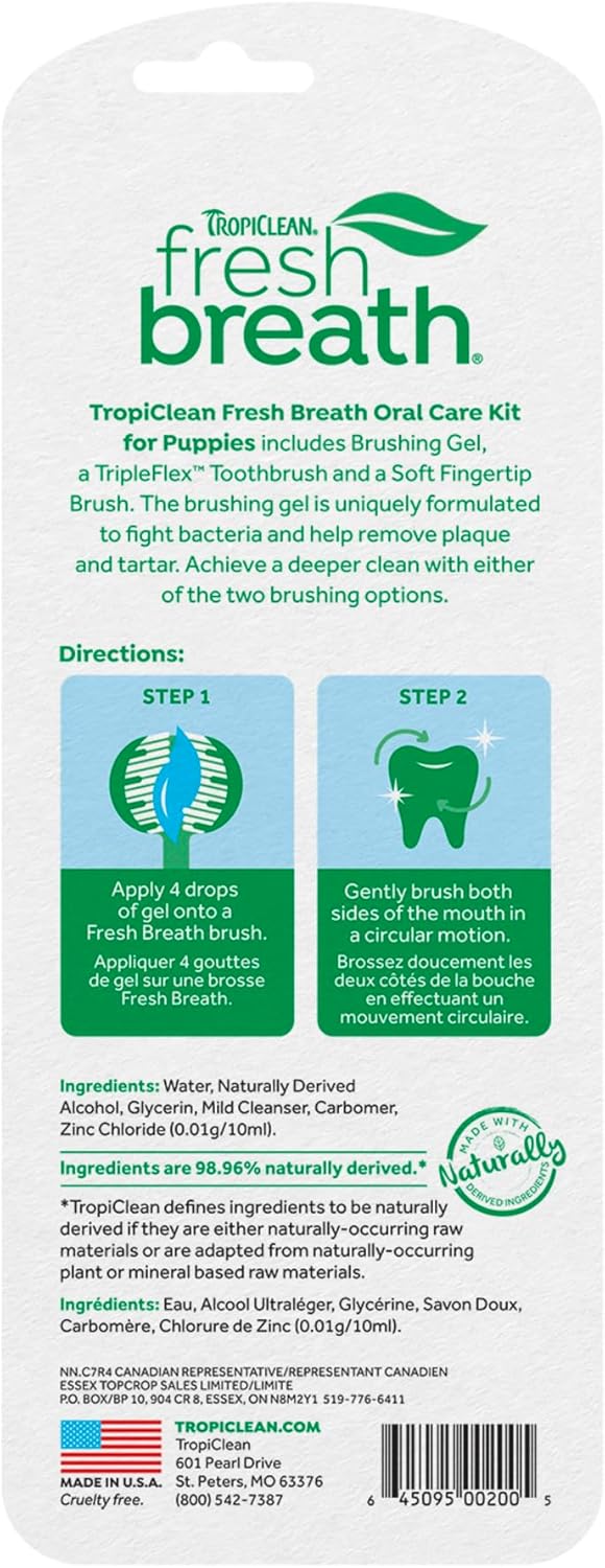 Close-up of the TropiClean TripleFlex three-sided toothbrush and silicone finger brush for puppies.