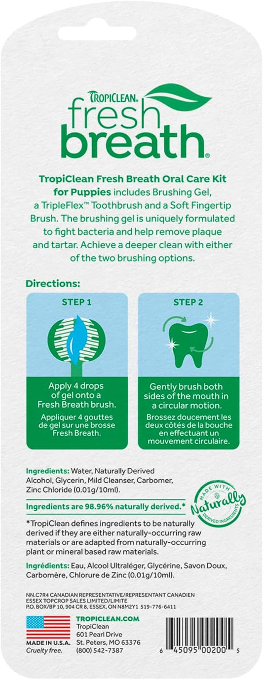 Close-up of the TropiClean TripleFlex three-sided toothbrush and silicone finger brush for puppies.