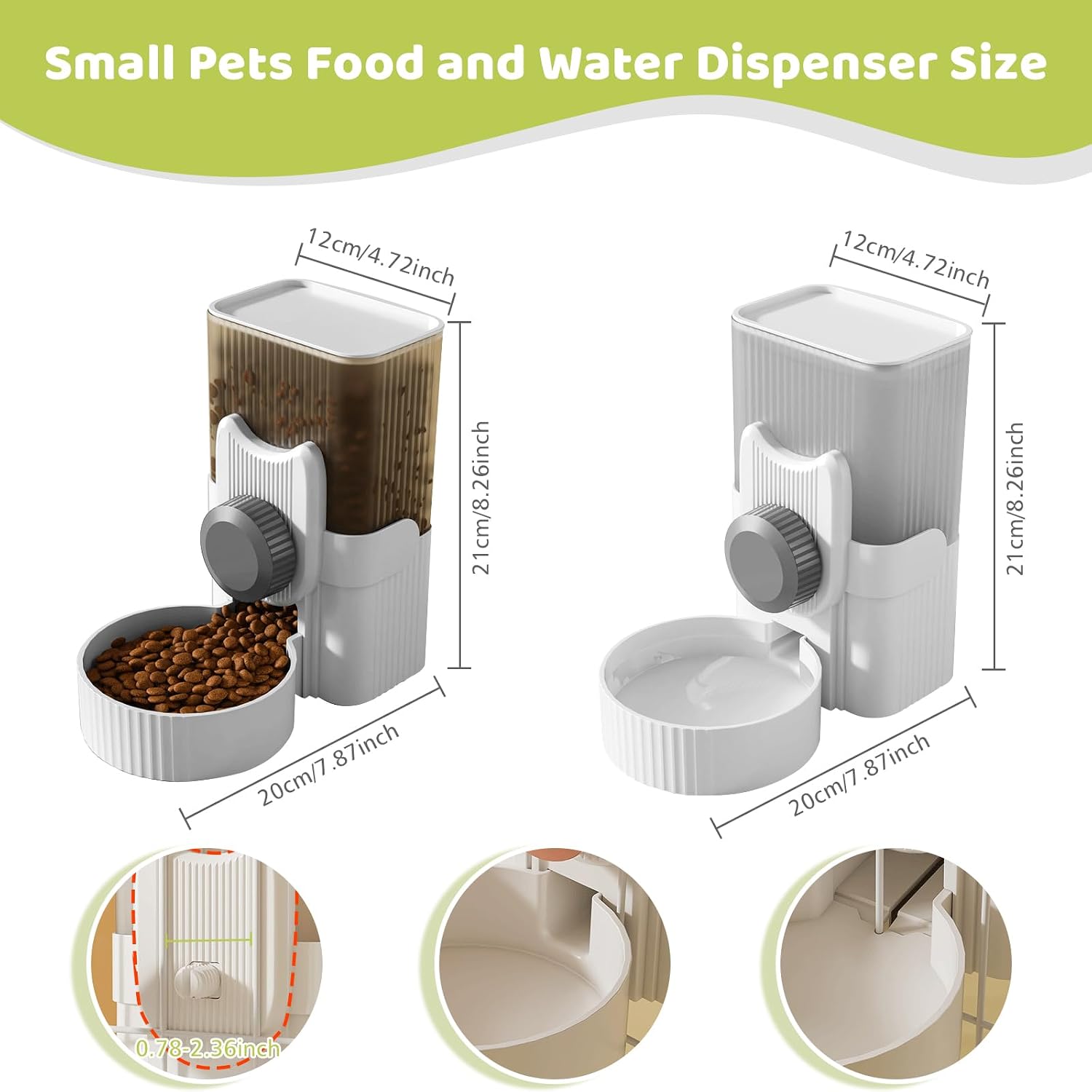 Side angle of the 1 Liter gravity auto pet feeder and waterer set illustrating how the bottles detach from the cage bowls.