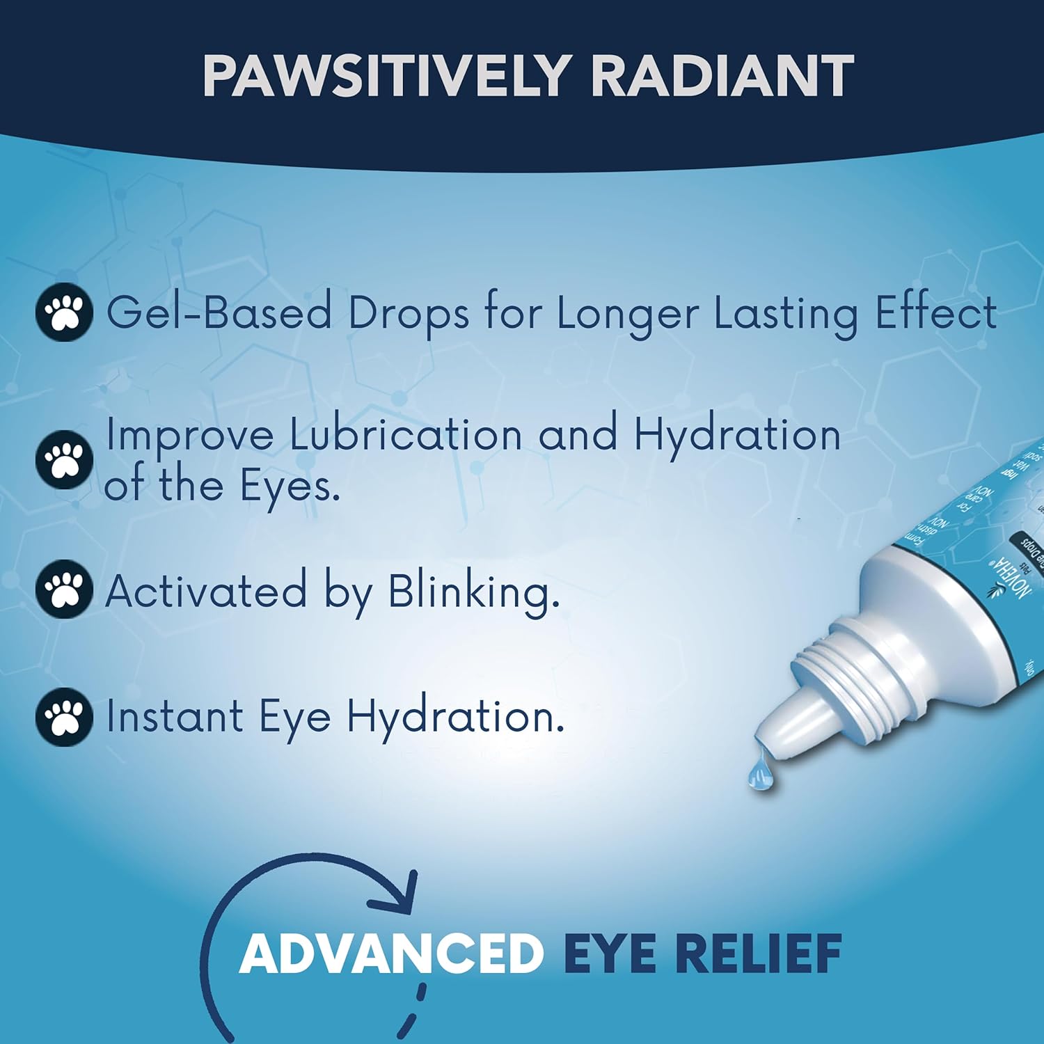 Two bottles of NOVEHA pet eye lube for severe dry eyes standing upright.