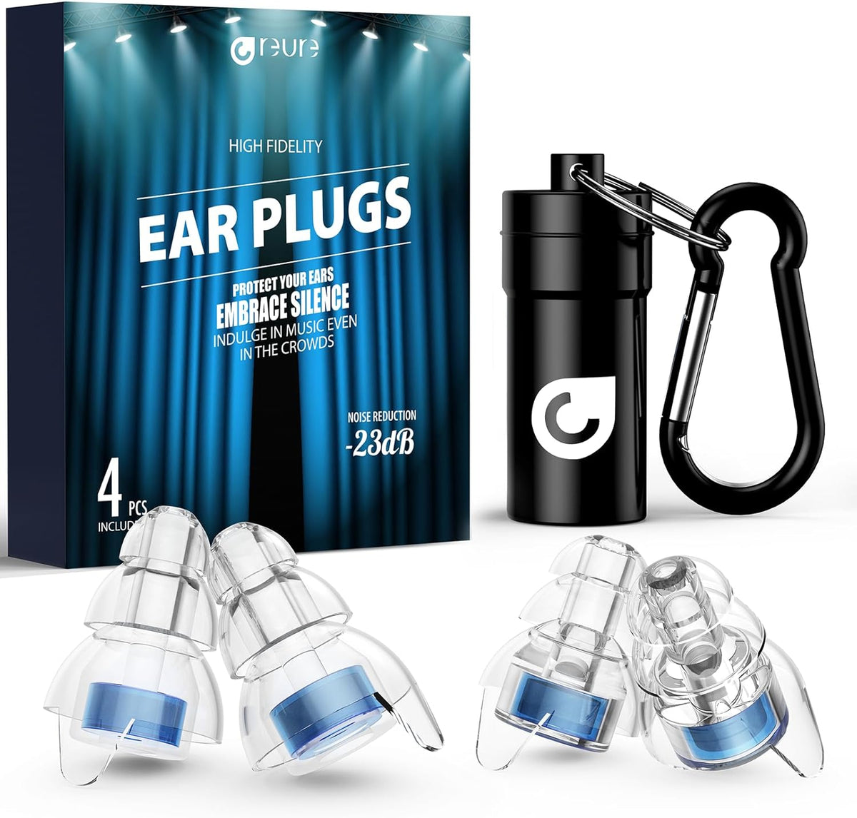 Reure high fidelity concert ear plugs blue front view packaging