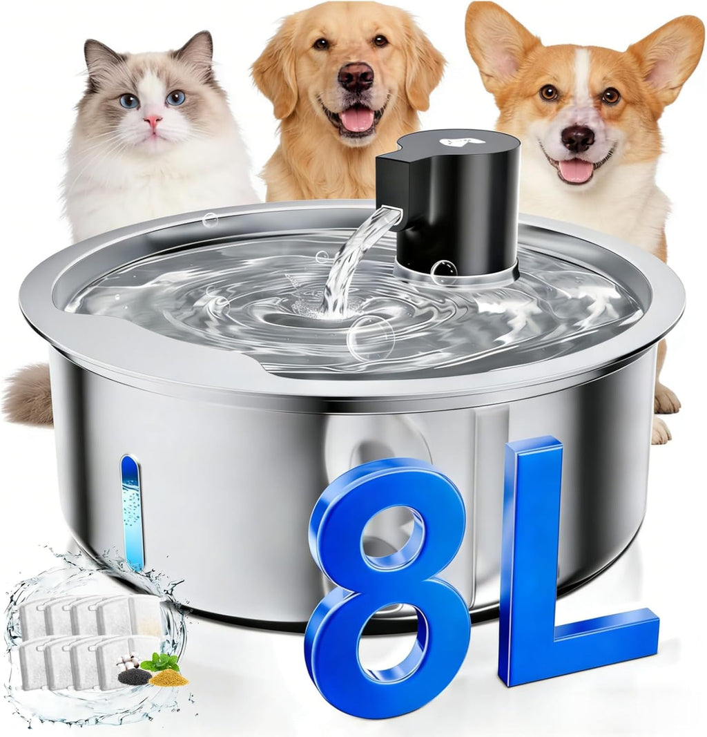 Dog Water Fountain, 8L Stainless Steel Dog Water Fountain for Large Dogs, Dog Water Bowl Dispenser, Super Quiet Pump and Replacement Filters for Cats and Dogs (Silver-8L+3Filters) - Image 11