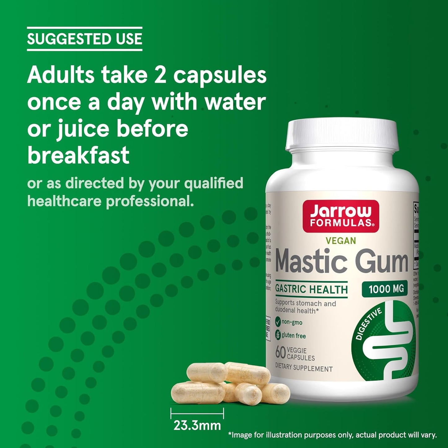 Jarrow Formulas Mastic Gum 60 capsules side view showing directions for use