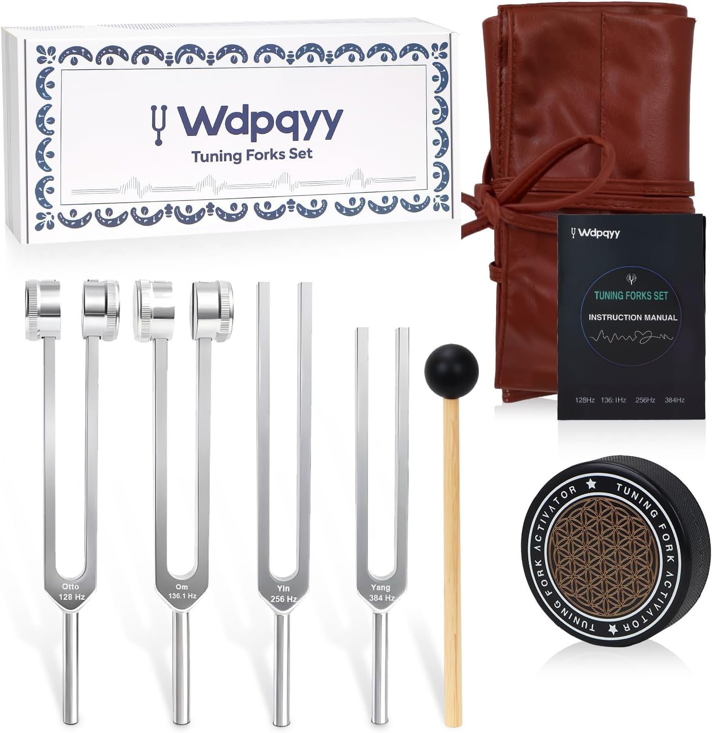 Enso Sensory tuning forks for healing set front view showing four aluminum forks in a brown pouch