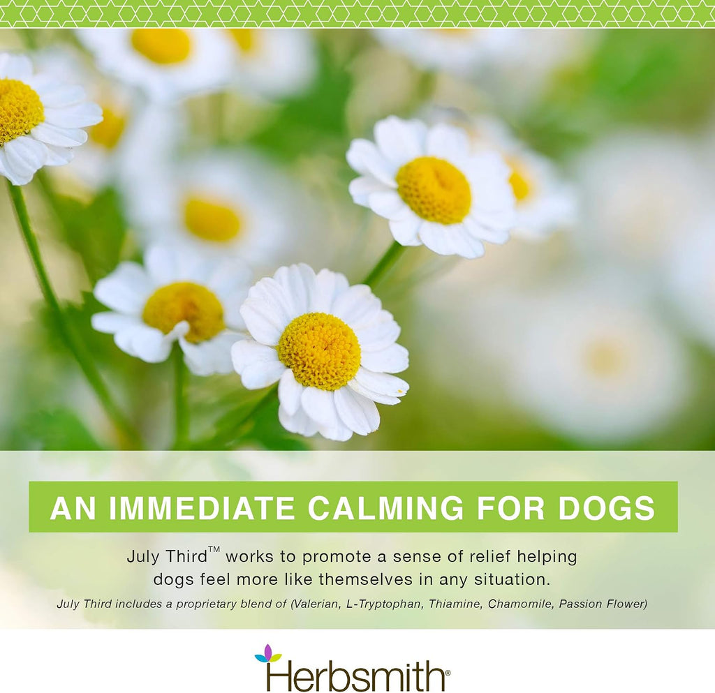 Herbsmith July Third dog anxiety chews back label showing active ingredients.