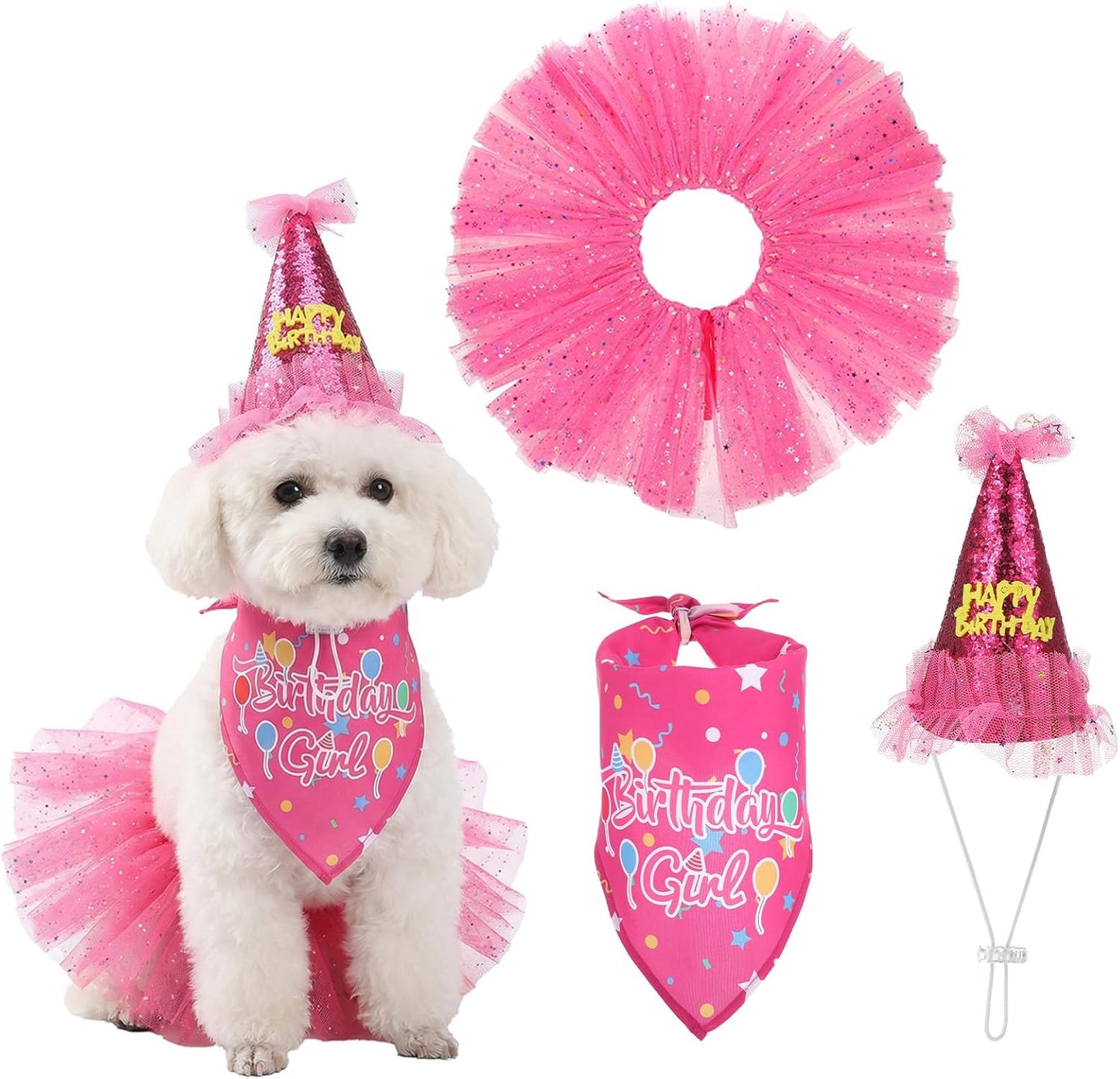 Dog Birthday Bandana with Hat and Dress Girl Set Puppy Birthday Party Supplies Cute Tutu Skirt Outfit for Small Medium Large Dogs Decorations(Pink) - Image 10