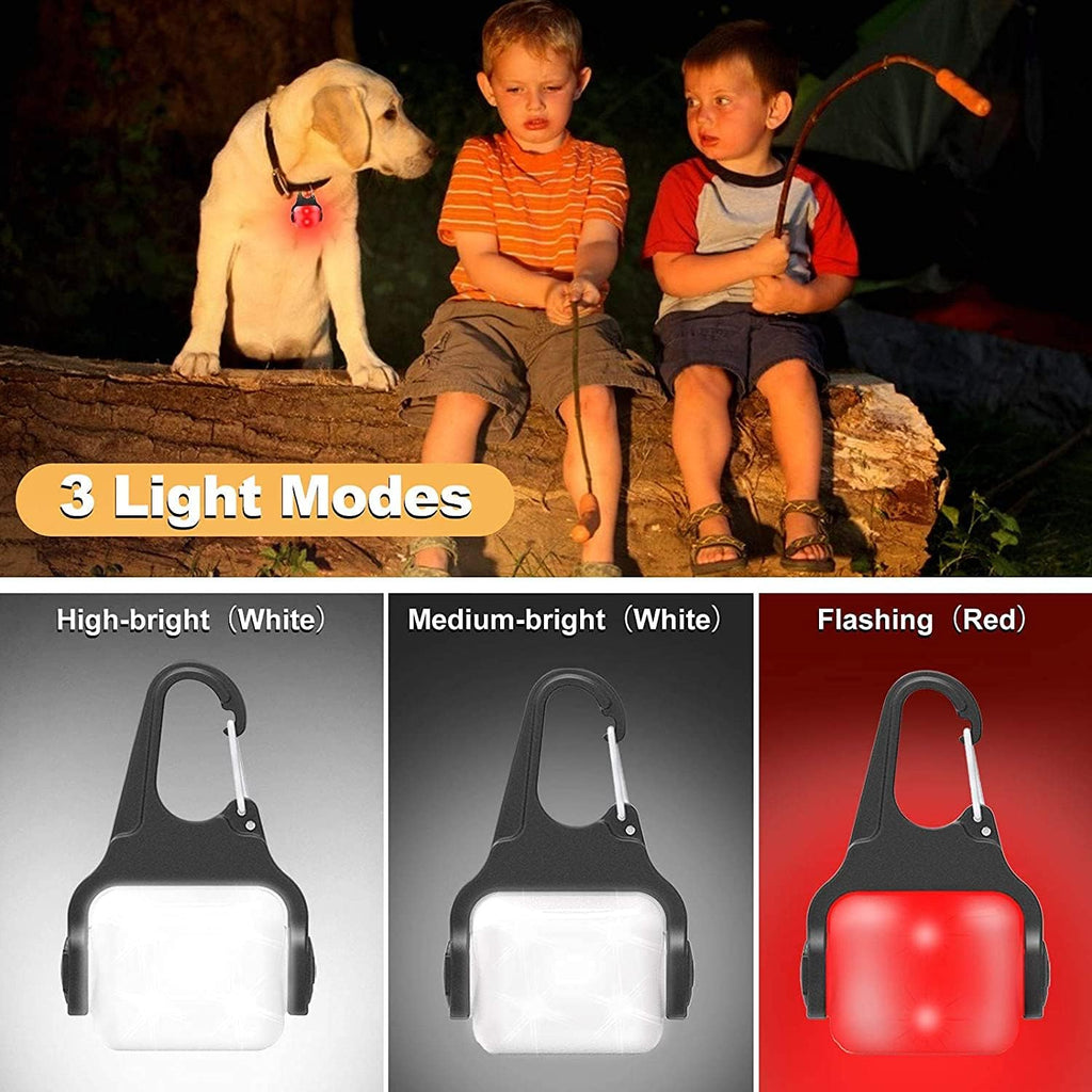 Three pack of rechargeable LED safety lights with carabiner attachments and USB cables.