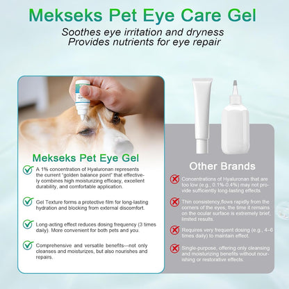 Packaging of Mekseks pet eye care drops detailing taurine and herbal extract ingredients