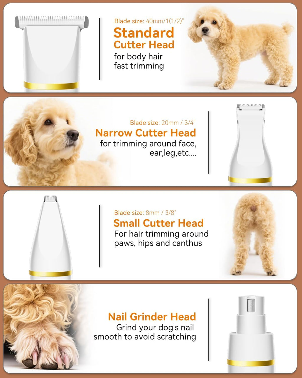 Unibono pet trimmer kit with interchangeable heads including the narrow paw shaver attachment.