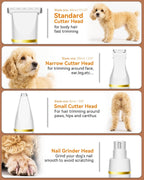 Unibono pet trimmer kit with interchangeable heads including the narrow paw shaver attachment.