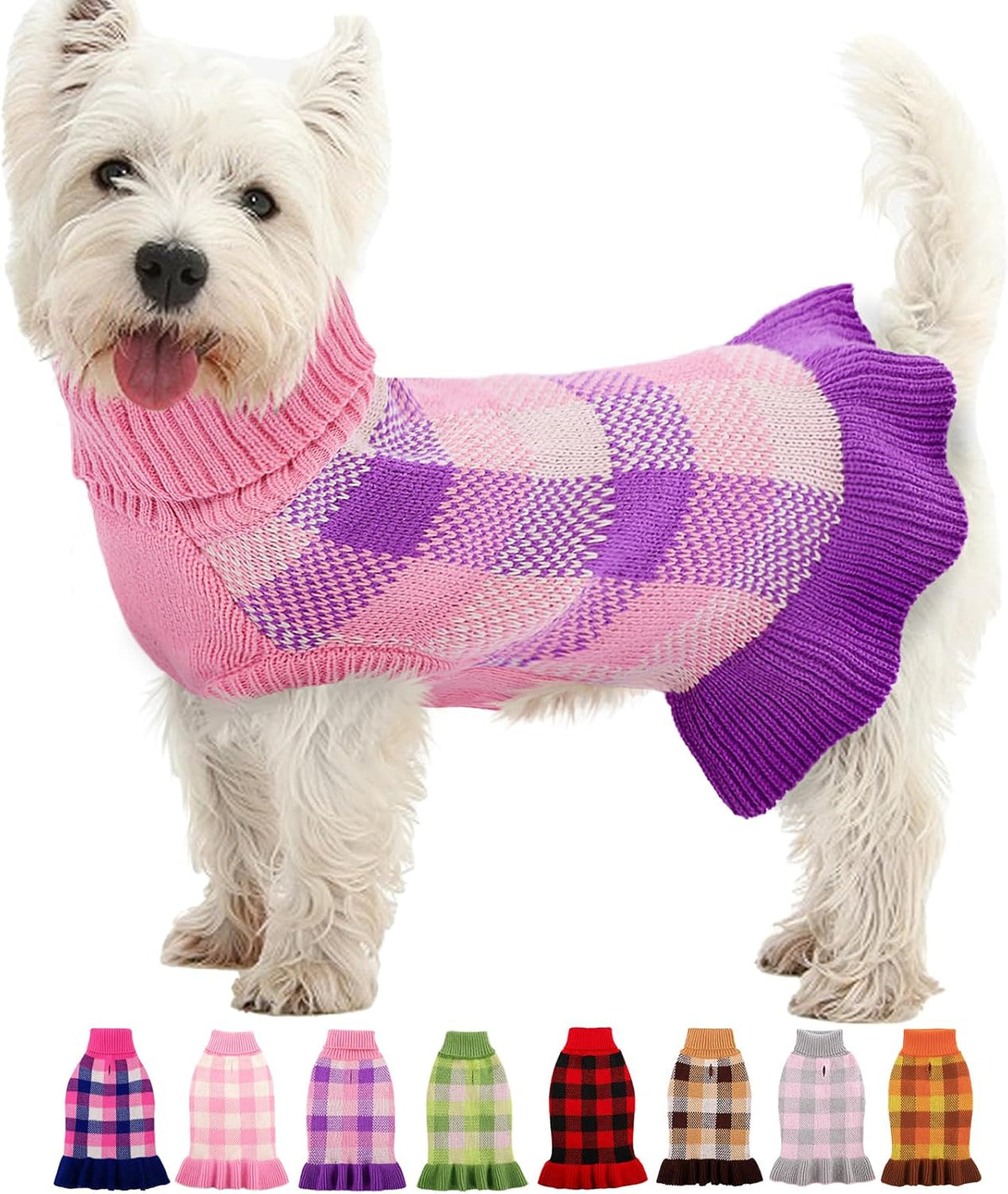 Dog Sweater Dress Plaid Knitwear for Small Medium Dogs Warm Puppy Pet Turtleneck Stretch Pullover Cute Fall Winter Vest Clothes with Leash Hole for Christmas (Pink, XS) - Image 14
