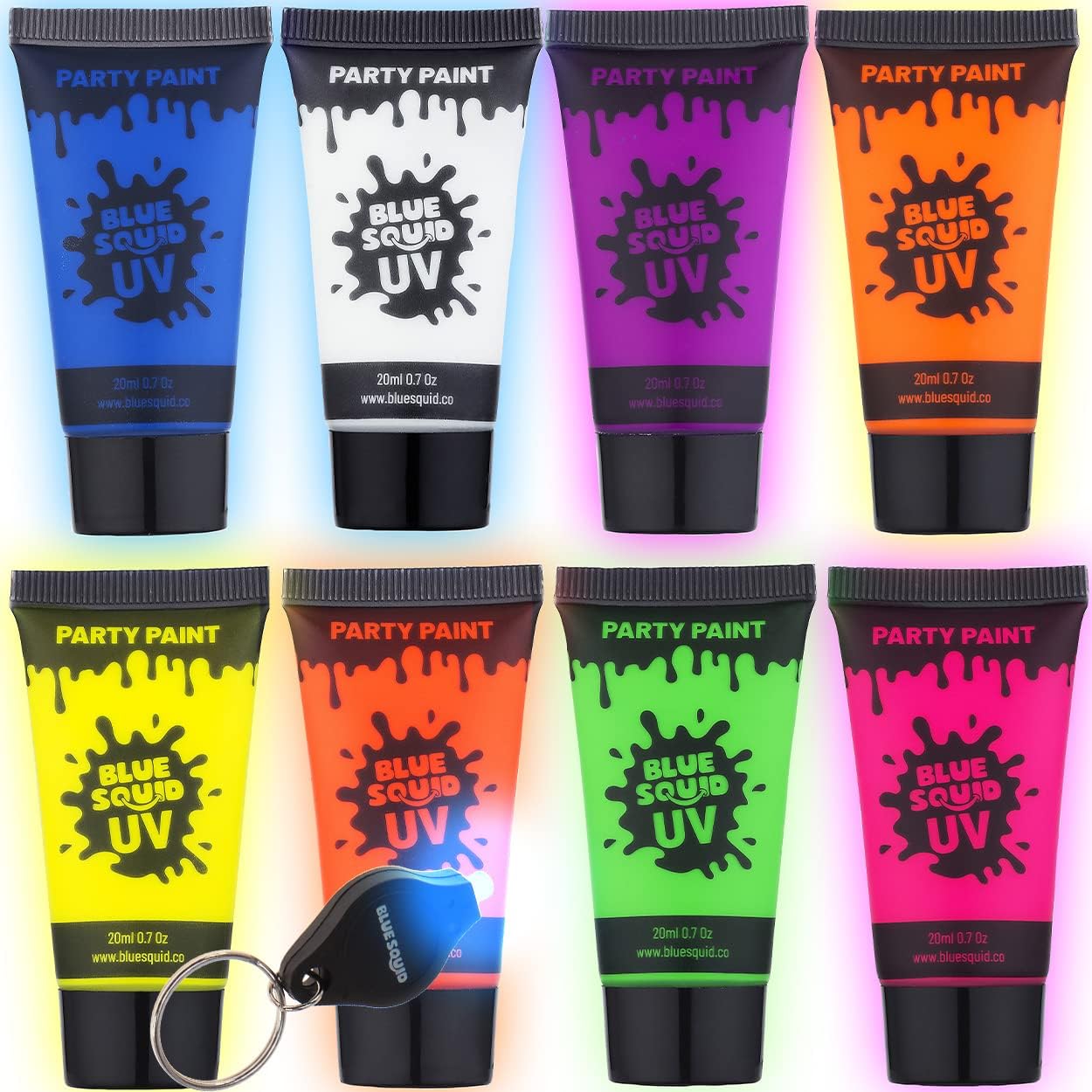 Blue Squid UV Body Paint and Blacklight Glow Makeup Kit showcasing the front packaging and individual neon tubes.