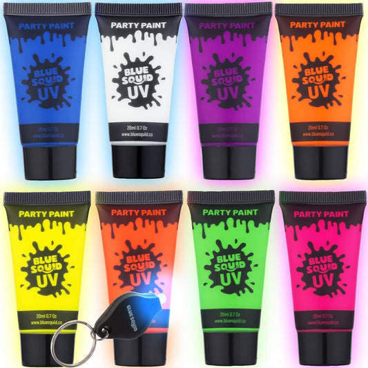 Blue Squid UV Body Paint and Blacklight Glow Makeup Kit showcasing the front packaging and individual neon tubes.