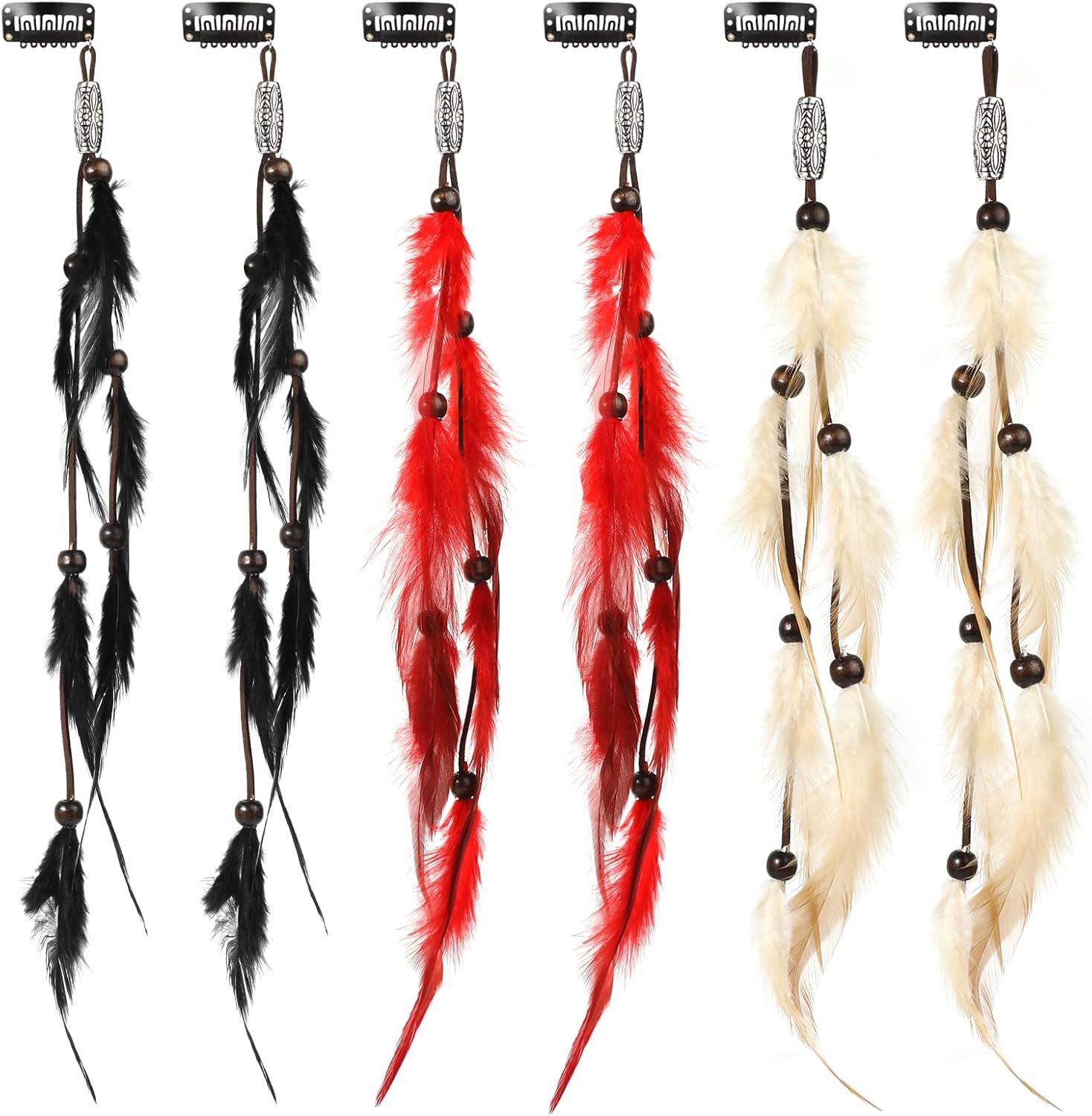 Mwoot 6 Pack Handmade Boho Feather Hair Clips front view