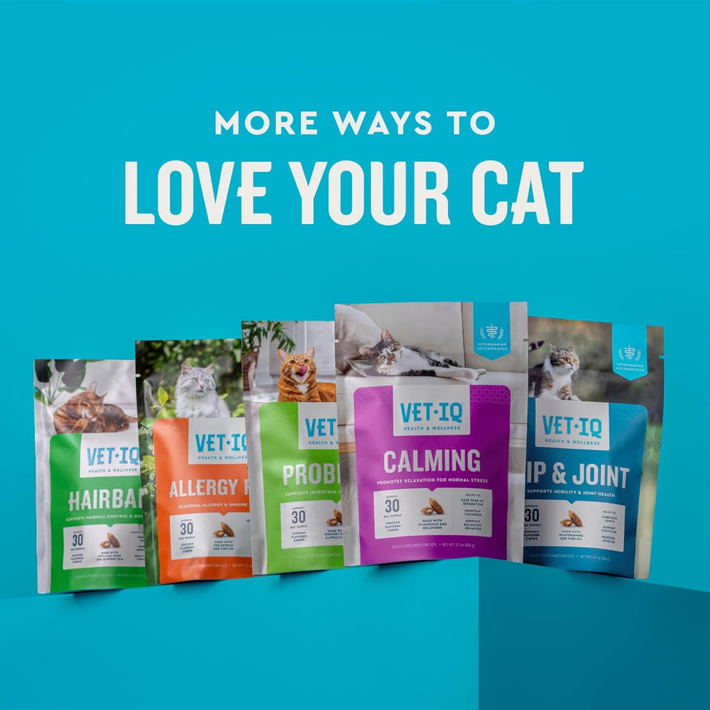Stress relief cat treats by VetIQ with melatonin on a plain background for product authenticity