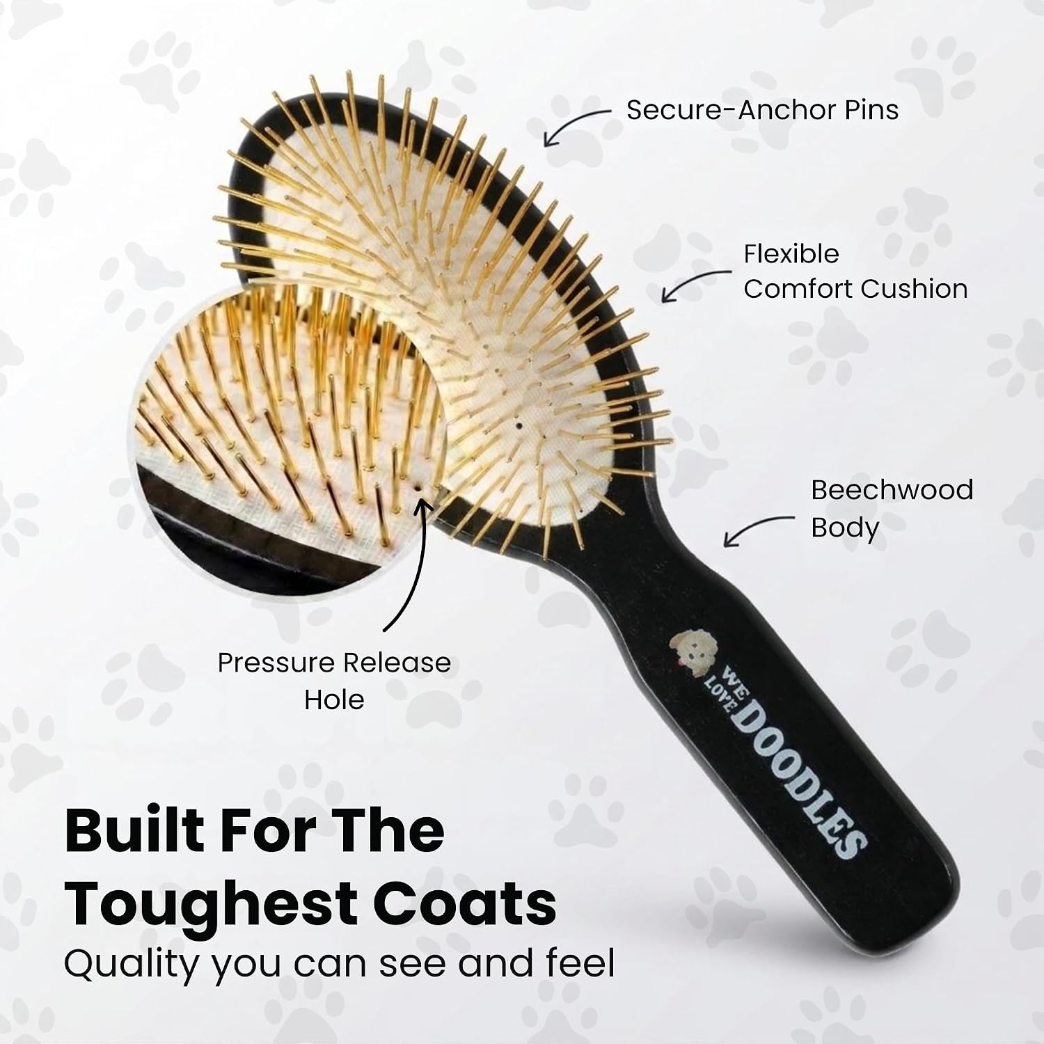 Side profile of the ergonomic beech wood handle on the We Love Doodles pet grooming tool.