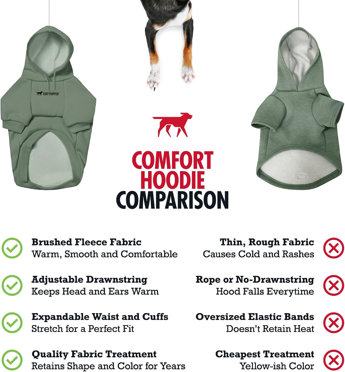 Tuff Pupper premium dog hoodie fabric stretched gently to demonstrate the flexible comfort fit.