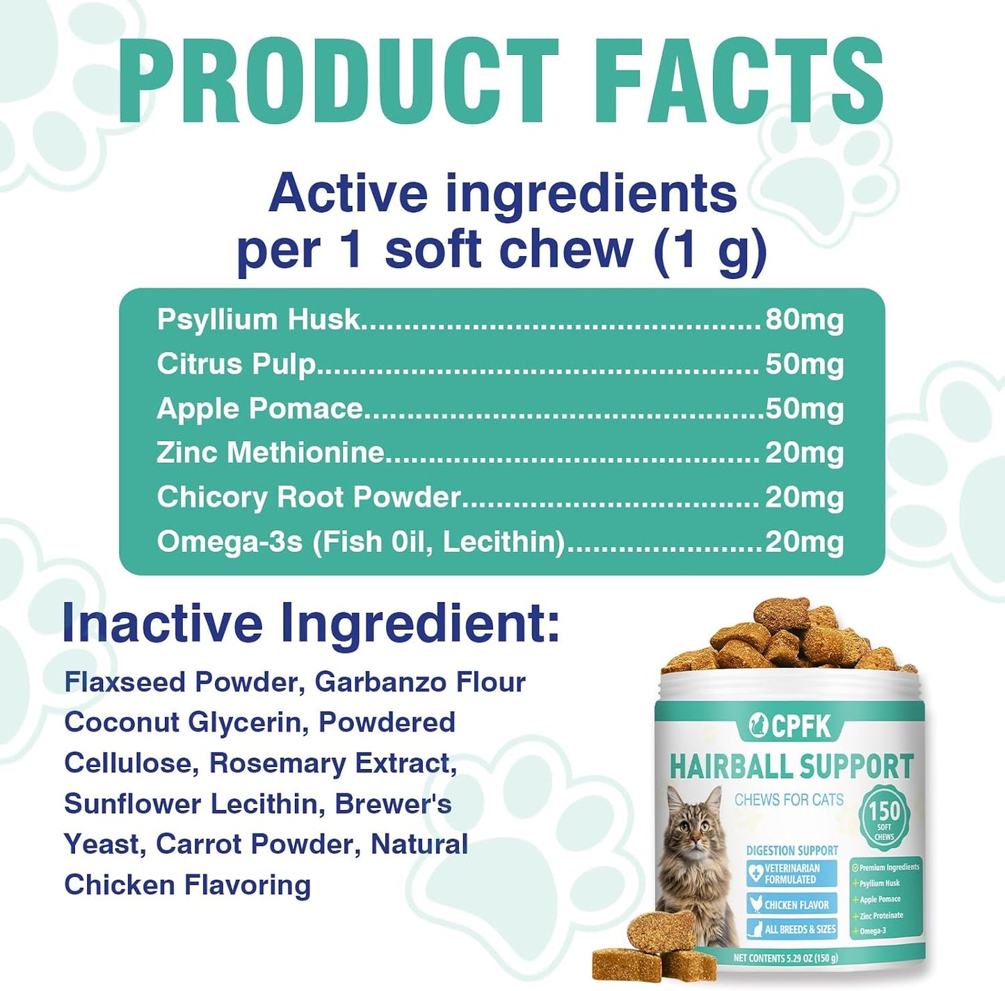 Feline digestive health and shedding control supplement facts