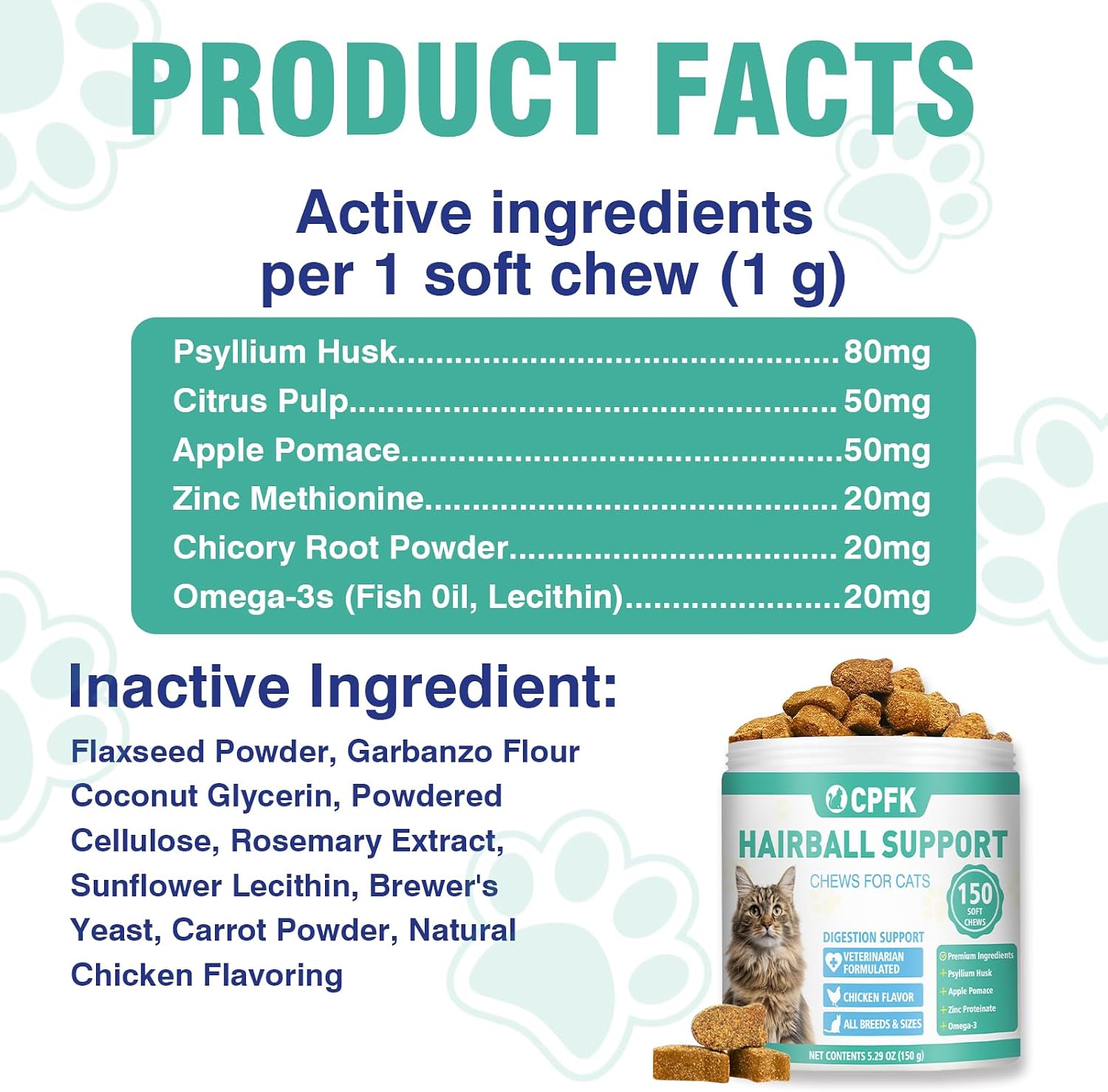 Feline digestive health and shedding control supplement facts